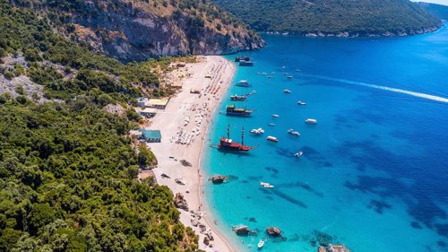 Aerial drone view of the paradise beach of Kroreza or Krorez on the Albanian riviera in Sarande,