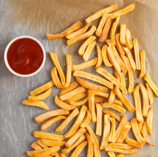 Flat lay french fries with ketchup sauce