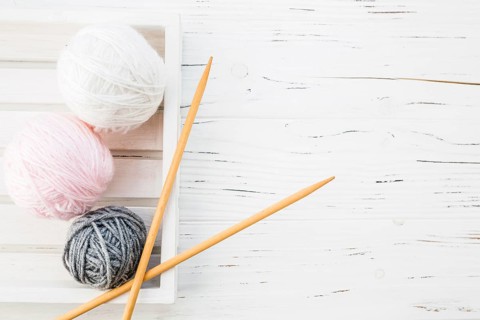 High angle view colorful yarns crochet