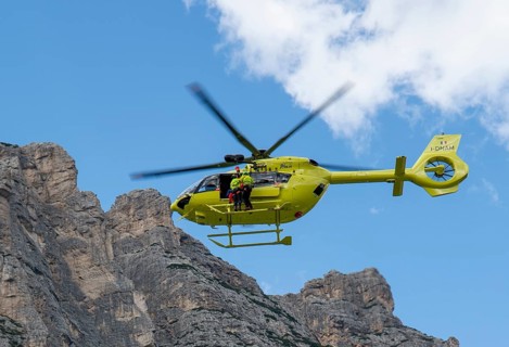 Fiames, Cortina d'Ampezzo, Dolomites, Italy, July, 6, 2022 : Helicopter Rescue Service. Medical