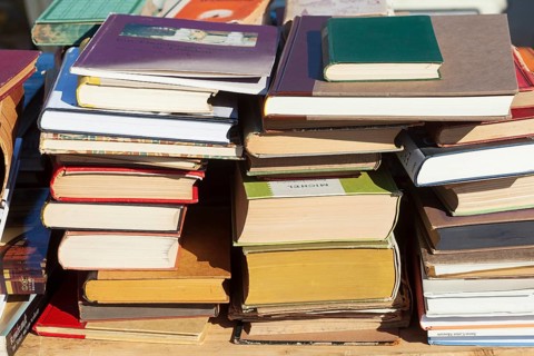 Piles of old books at a flea market, Germany, Europe