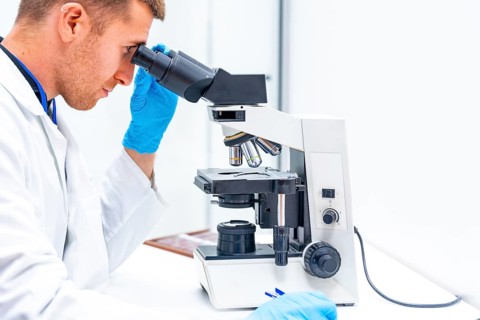 Side close-up view of a male young doctor using microscope to analyze samples in a laboratory