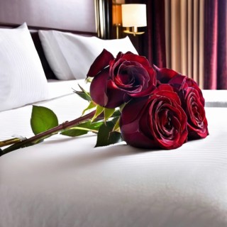 Close-up of three red roses resting on a neatly made bed with white bedspread and pillows in a