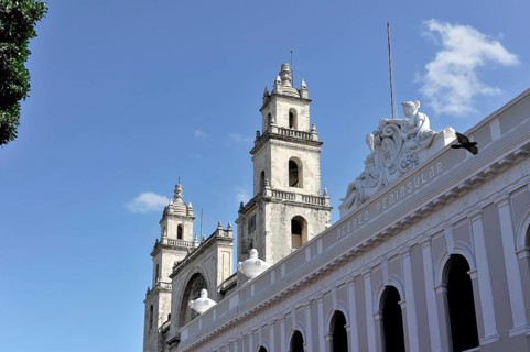 Merida, Yucatan, Mexico, Central America, Historic cathedral with high towers and ornate details