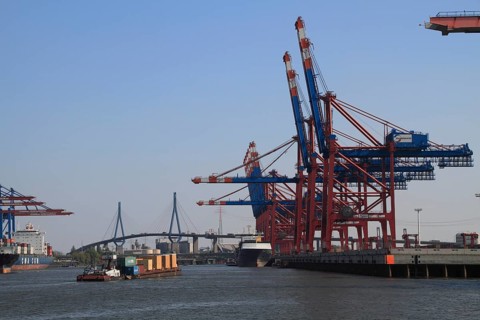 Waltershofer Hafen, Eurogate Container Terminal, behind Köhlbrand Bridge, Port of Hamburg, Germany,
