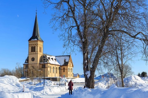 Vågan Church, Lofoten Cathedral in winter, Kabelvåg, Lofoten, Nordland, Norway, Europe