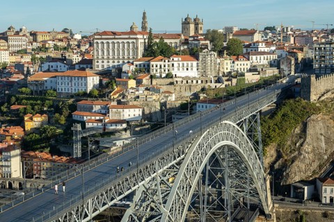 Porto City and Dom Luis Bridge I in Morning. View from Tourist Viewpoint Miradouro da Serra do