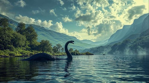 A mystical view of Loch Ness with the famous monster against a misty mountain backdrop, AI
