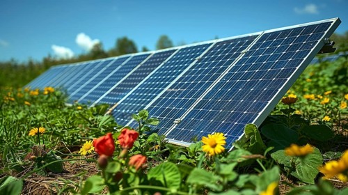 Solar systems, photovoltaics on greenfields, AI generated