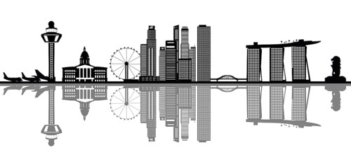 Illustration drawing of the singapore city skyline in asia with the merlion and the hotel with