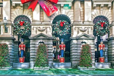 Melbourne City Hall decorated for Christmas with nutcrackersf