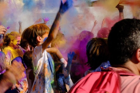 Children's Holi celebration, Llucmajor, Majorca, Balearic Islands, Spain, Europe