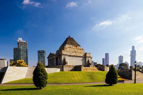 The Shrine of Remembrance and surrounding parklands and gardens during autumn at the Royal Botanic