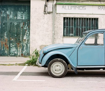 French vintage car, Citroen 2CV, duck, blue, photographed analogue in medium format, Trujillo,