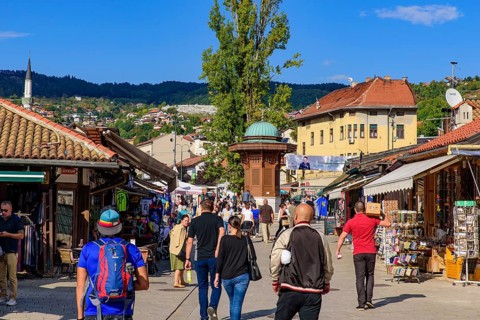 Street view of Bascarsija, the old bazaar and the cultural center of Sarajevo in Bosnia and