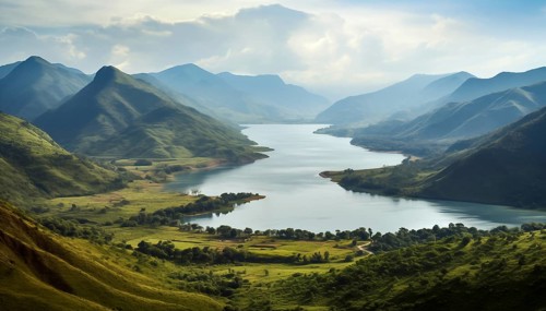 Serene lake nestled in a verdant mountainous landscape under a soft cloudy sky, AI generated