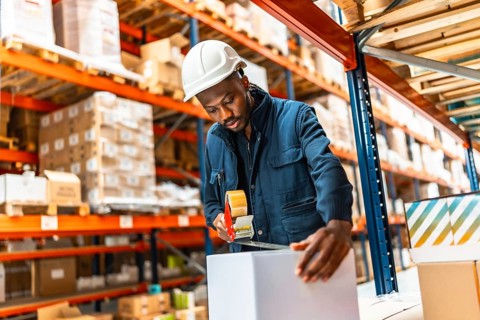 Male african employee working at a distribution warehouse closing boxes to deliver