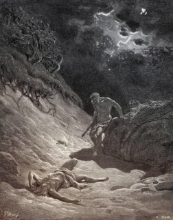 Cain slays Abel, Old Testament, woodcut by Gustave Doré