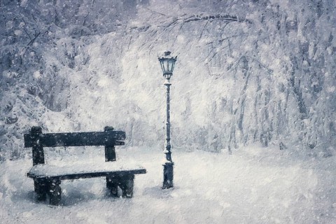 Winter season painting of a wooden bench and street lamp covered with snow under a snowfall in the