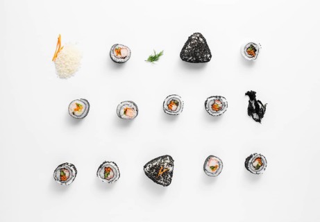 Asortment maki sushi rolls n white background