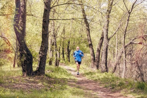 A senior man worn in black and blue is running in the forest, during a warm spring day