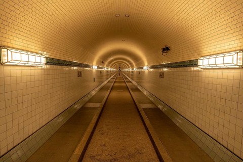 Old historic Elbtunnel, warm light, Landungsbrücken, harbour, Hamburg