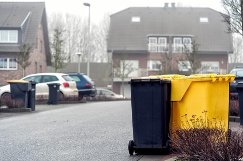 Yellow and grey bins in a residential area