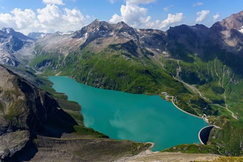 Mooserboden reservoir, high mountain reservoir, from Heinrich-Schwaiger-Haus, Kaprun, Hohe Tauern,