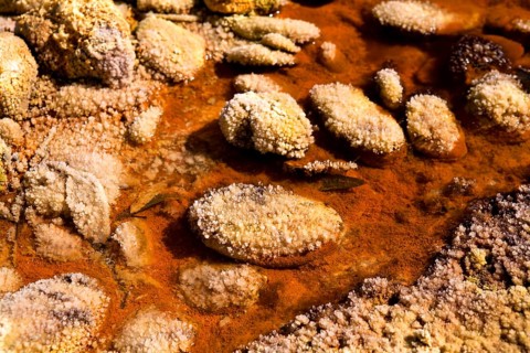 Stones with crystals in acidic rio Tinto, Spain, Europe