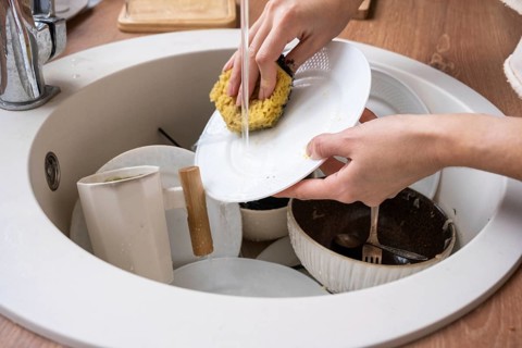Women's hands wash the plate under the tap water. Dirty dishes in the sink in the kitchen, mess