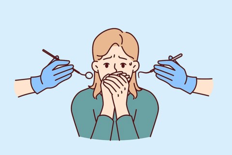 Cowardly woman at dentist appointment closes mouth, suffering from dentophobia and not wanting to