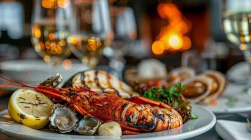 Gourmet seafood dish with lobster and oysters served with wine against a cozy fireplace backdrop,