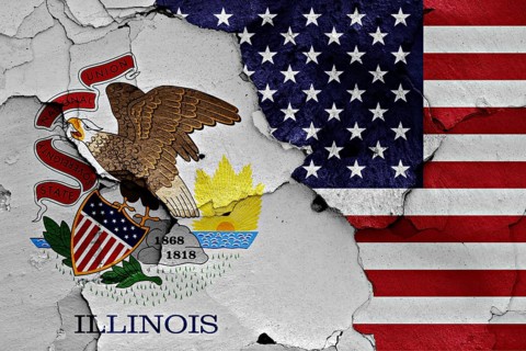 Flags of Illinois and USA painted on cracked wall