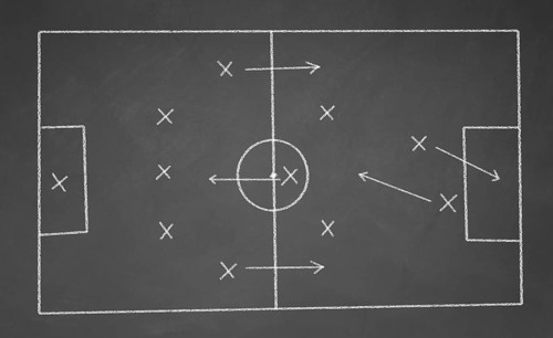 Soccer game strategy drawn with white chalk on a blackboard