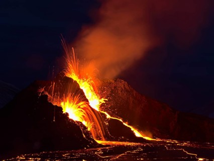Breathtaking view of volcano eruption in Geldingadalir valley near Fagradalsfjall mountain,