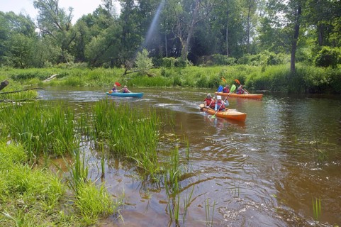 Kayaking on the river, three kayaks go on the river, Angrapa river, Kaliningrad region, Russia,