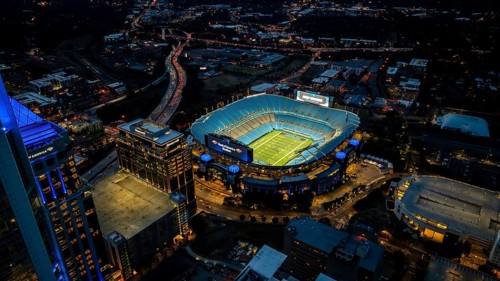 Night aerial view of the Bank of America Stadium, home of the National Football League Carolina