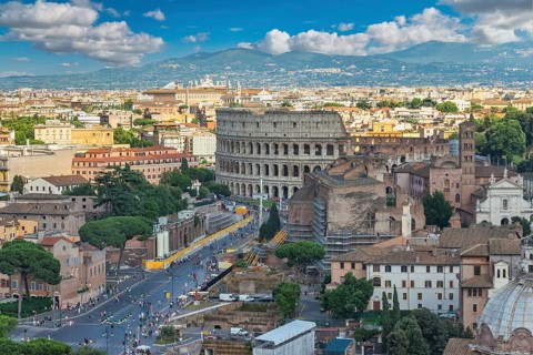 Rome Italy, high angle view city skyline at Roman Forum and Rome Colosseum