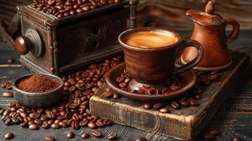 Rustic scene with a coffee cup, beans, grinder, and vintage accessories on a wooden surface, AI