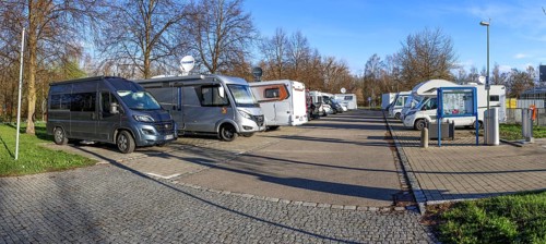 Motorhome site Memmingen in Colmarer Straße with motorhomes, Memmingen, Swabia, Bavaria, Germany,