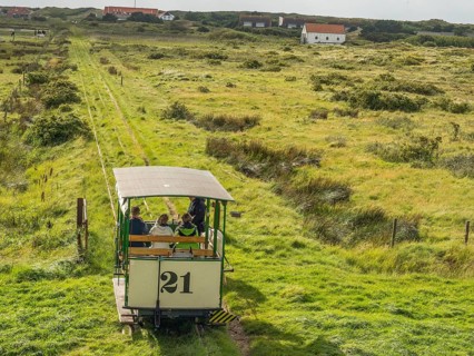 Horse-drawn railway runs through a wide green landscape with scattered houses, spiekeroog, east