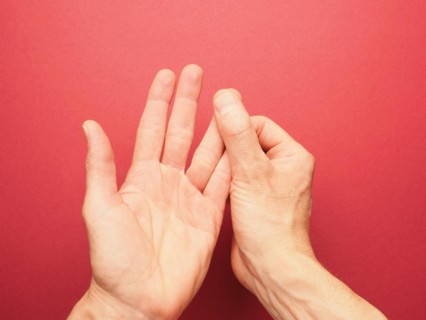 Hand position for mudra no. 3 in Jin Shin Jyutsu, alternative healing method or self-help concept,