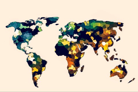 Roughly outlined world map with a colorful background patterns