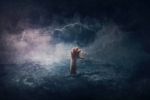 Surreal painting of a man drowning in the sea, lifting his hand up underwater. Dramatic scene of