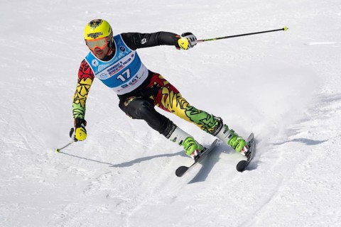 Bolivia mountain skier Breitfuss Kammerlander Simon skiing down mount slope giant slalom.