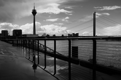 Panorama of the Media Harbour with Rhine Tower, black and white, Düsseldorf, Germany, Europe