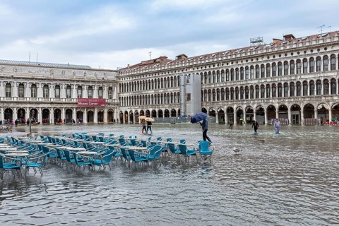 Flood, Acqua Alta, on St Mark's Square in Venice on 11 November 2019