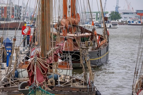 Several old sailing boats are moored close together in the harbour, Bremerhaven, Bremen, Germany,