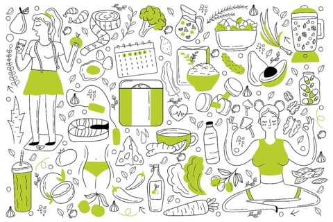 Diet doodle set. Collection of hand drawn sketches templates of people dieting eating natural food