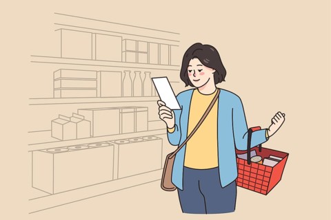Woman client with shopping list hold basket buy products in supermarket. Smiling female customer